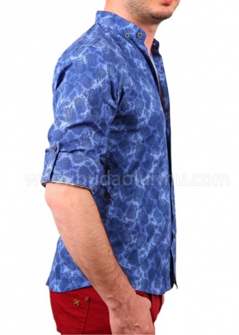 Motif Baskılı Erkek Gömlek Mavi